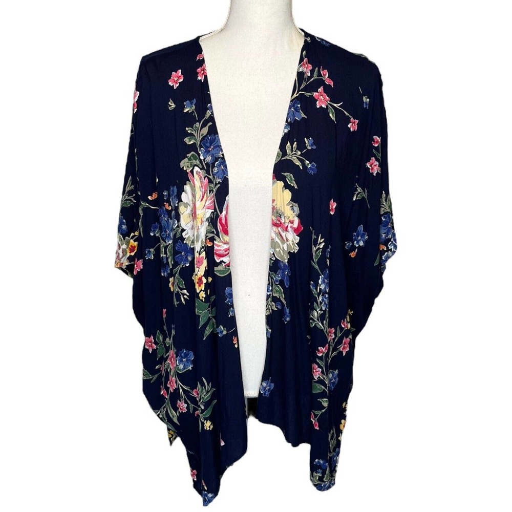 Angie Kimono Womens S Boho Floral Print Open Cardigan Drape Dolman Navy Blue
